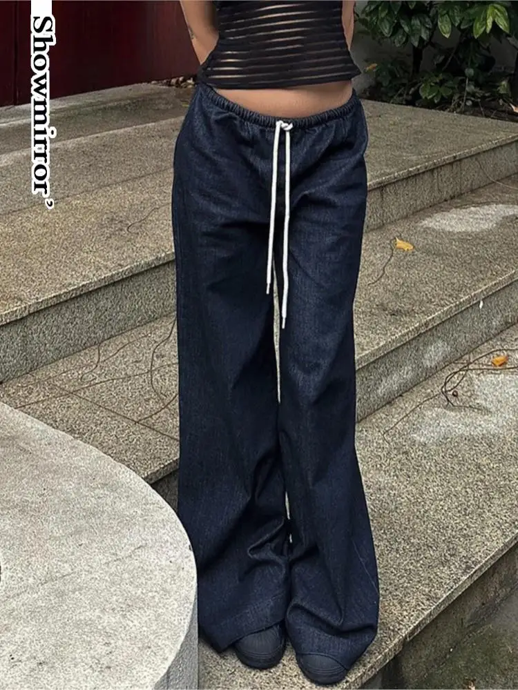 

Solid Color Low Waist Elastic Drawstring Long Pants Lace-up Pants Y2k Girl Loose Wide Leg Casual Woven Pants Cargo Pants