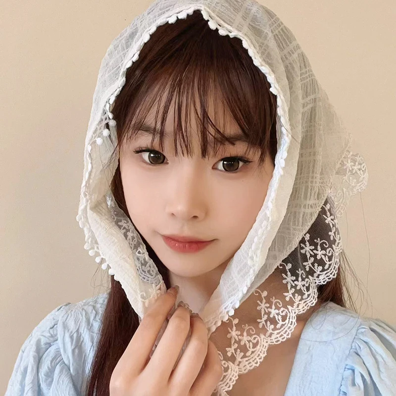 French Pastoral Style Lace Edge Triangle Sweet Hair Scarfs For Women Exquisite Charmstemperament Sun Protection New Accessories