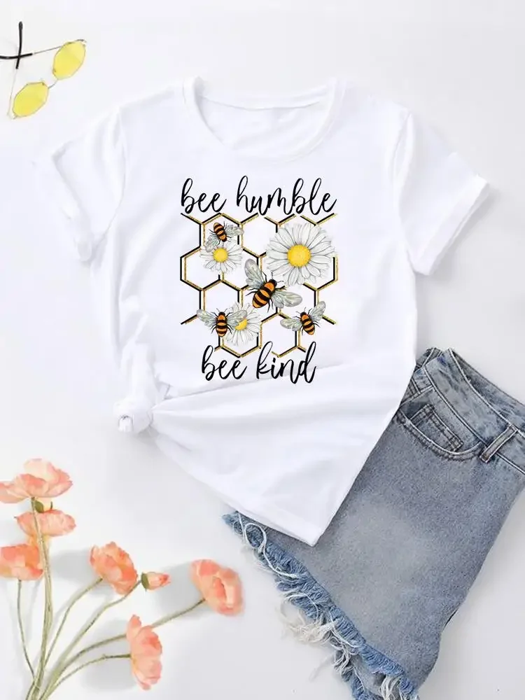 Women Top Fashion O-neck Clothing Print Clothes Graphic T-shirt Bee Sweet Cartoon Trend Short Sleeve Lady Female Shirt Tee