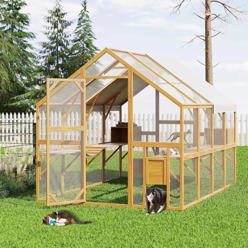 

Extra Large Wooden Outdoor Cat House 57ft², Cat Run Enclosure Walk in Catio Kitten Condo with Enter Door, 2 Doors, 2 Playpen &