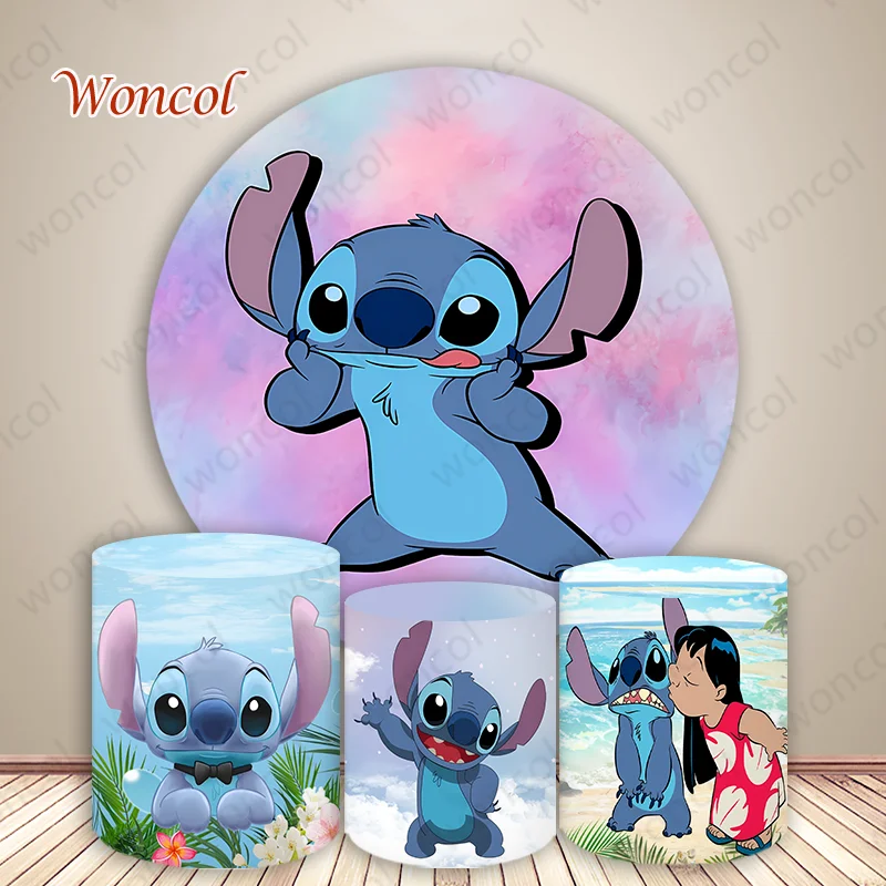 Disney Stitch Round Backdrop Lilo & Stitch Background Child Birthday Round Backdrop Cylinder Cover Decorations Photo Props