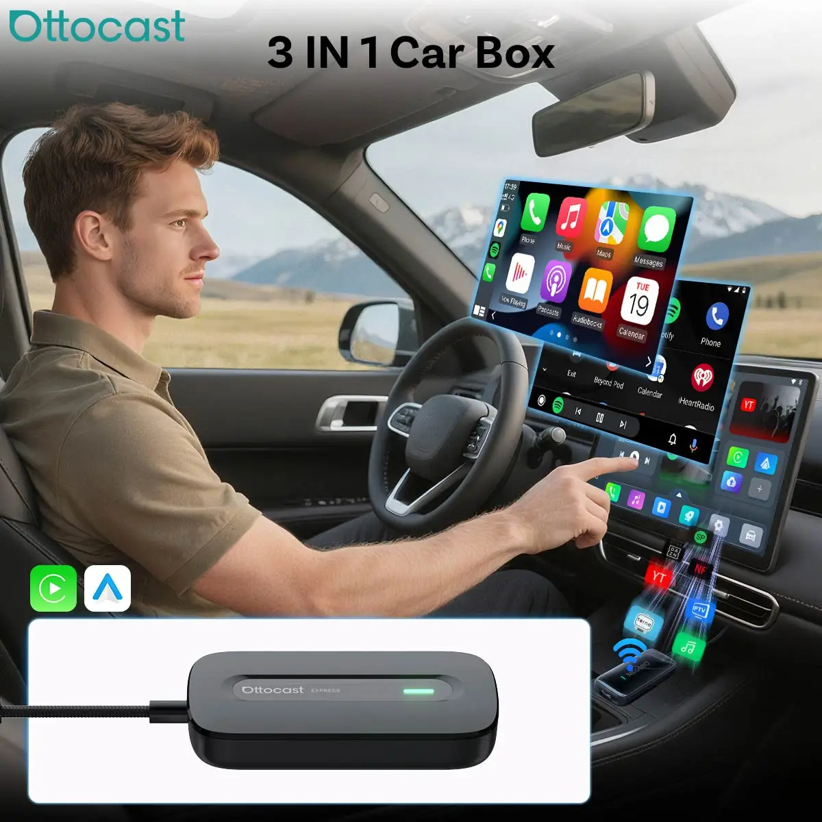 Ottocast Express Play2video Ultra TV Box Wireless CarPlay Android Auto Adapter Built for Youtube Netflix RAM 2GB ROM 16GB New
