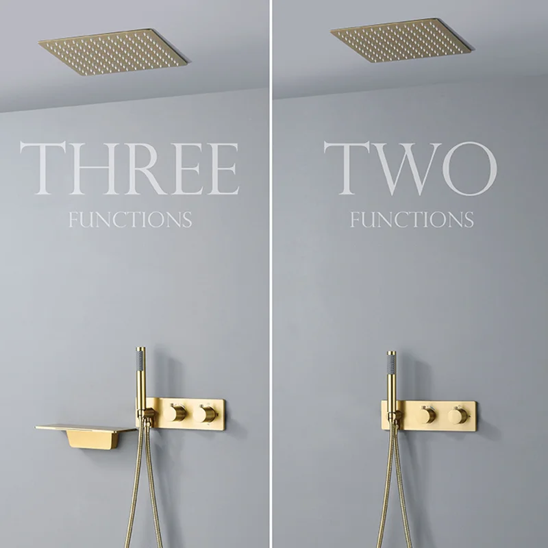 ZAPPO Brushed Gold Thermostatic Shower Set 3-Function Bathroom Shower System with Ceiling-Mount Rainfall Head & Handheld Shower