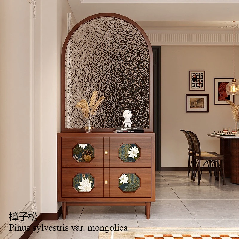 05-French retro solid wood water pattern glass entry door screen partition living room shoe cabinet entrance cabinet American ho