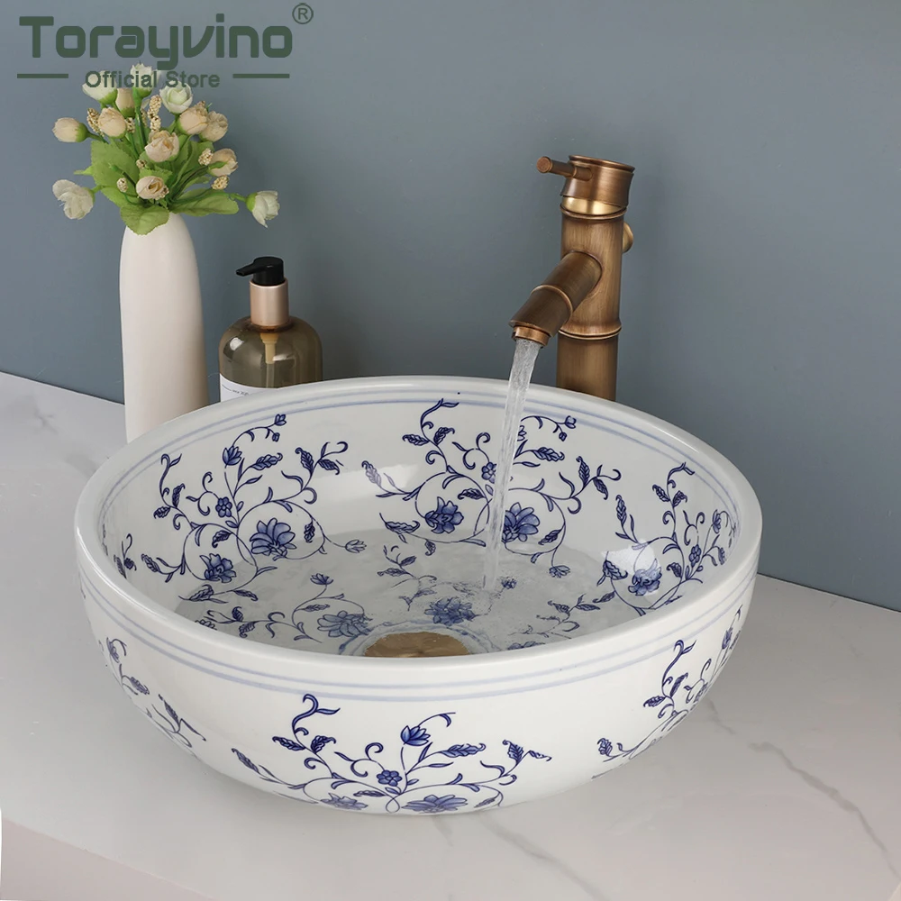 

Torayvino Bathroom Blue and White Porcelain Ceramic Lavatory Bathtub Mixer Washbasin Vessel Sink Faucet Set with Pop-up Drain