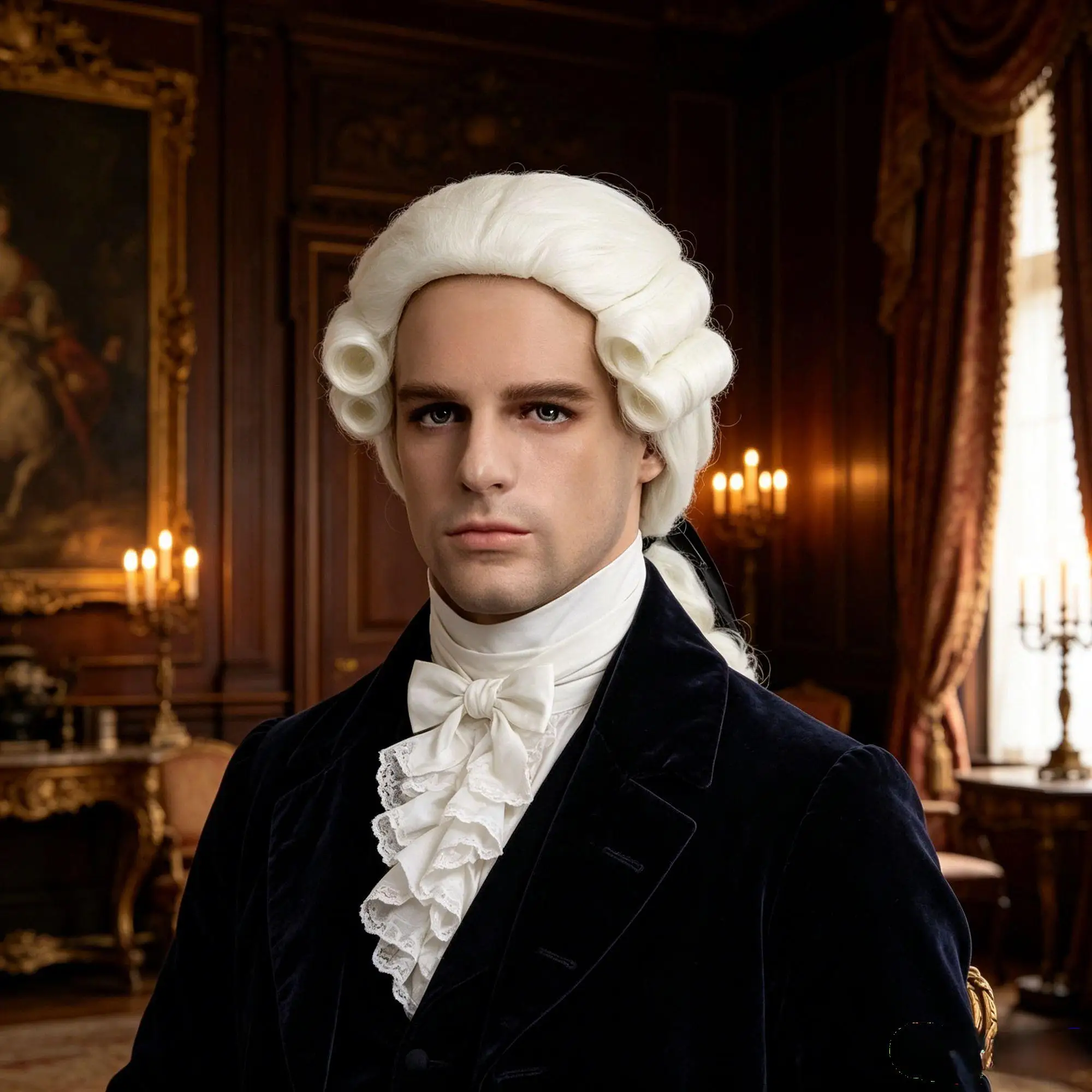 **White Colonial Wig Synthetic Long Curly Ponytail 18th Century Historical Judge Barrister Costume Wig Halloween Cosplay Party