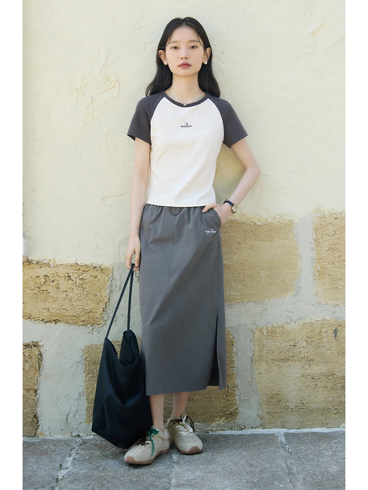 ZIQIAO Petite Side Slit Simple Commuting Cotton Midi Skirt for Women 2024 Summer New High Waist Slimming Blue Grey Skirts