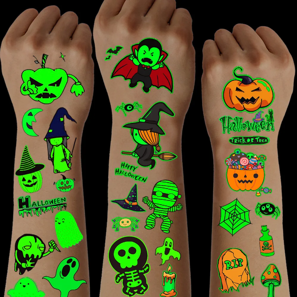 24 Sheets Luminous Halloween Temporary Tattoos, Glow in the Dark Pumpkins Ghosts Spider Pattern, Halloween Party Favors Supply