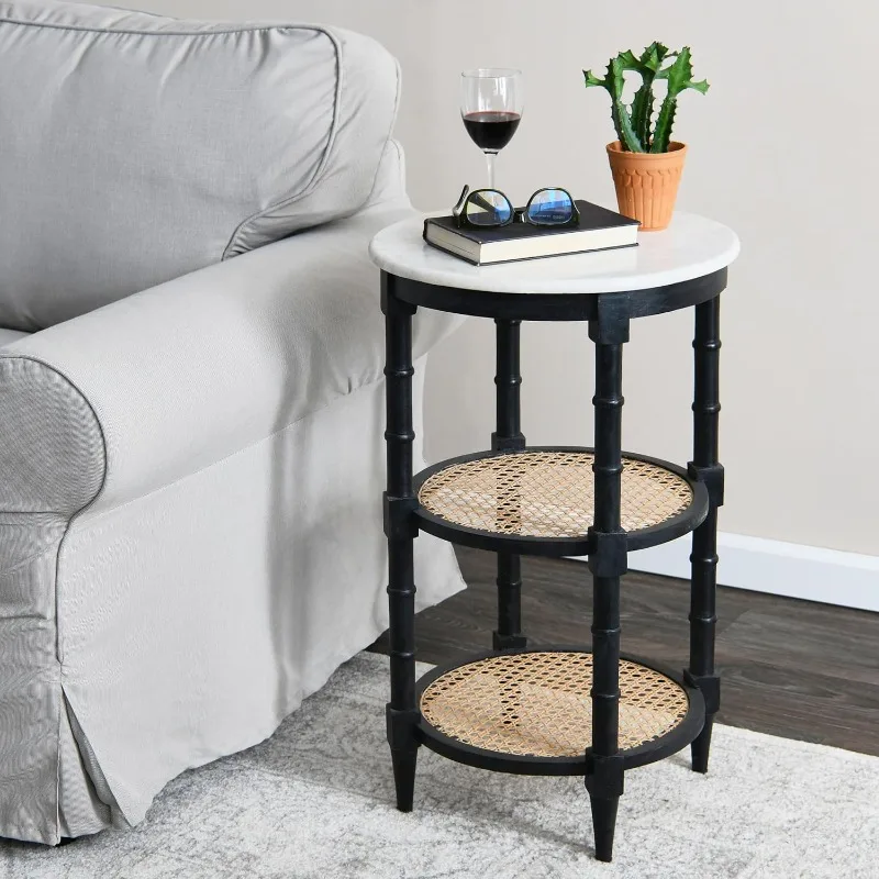 Mango Wood and Woven Cane Side End Table,