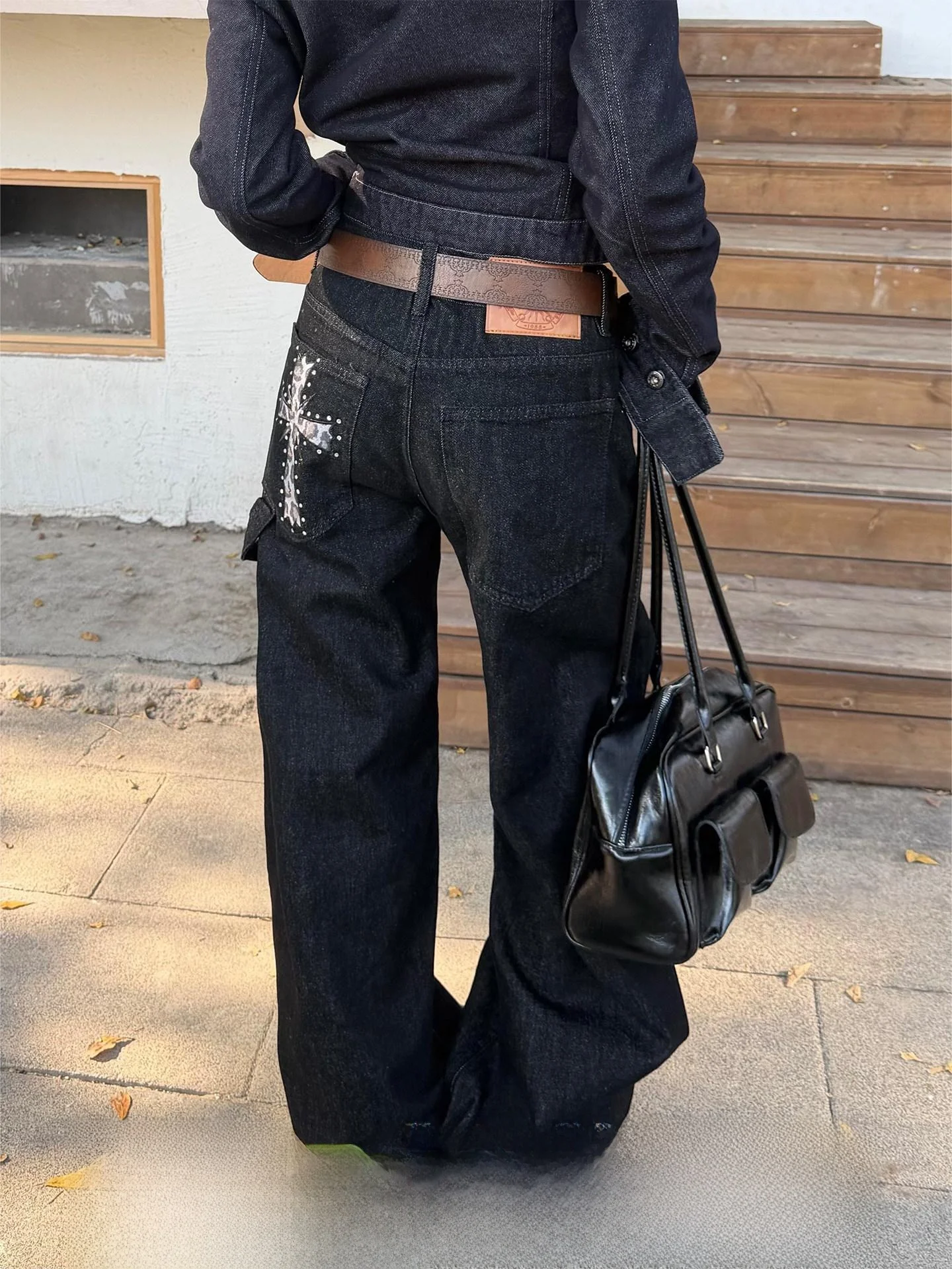

Don Cry Original Color Leopard Print Spliced Cross Diamond Jeans Men Women American Design Wide Leg Straight Cut Casual Jeans