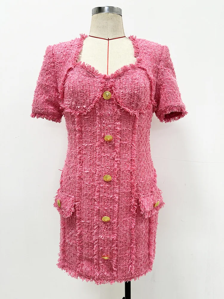 

Spot 2024 autumn and winter new style French temperament lion button fringed square collar short-sleeved tweed dress