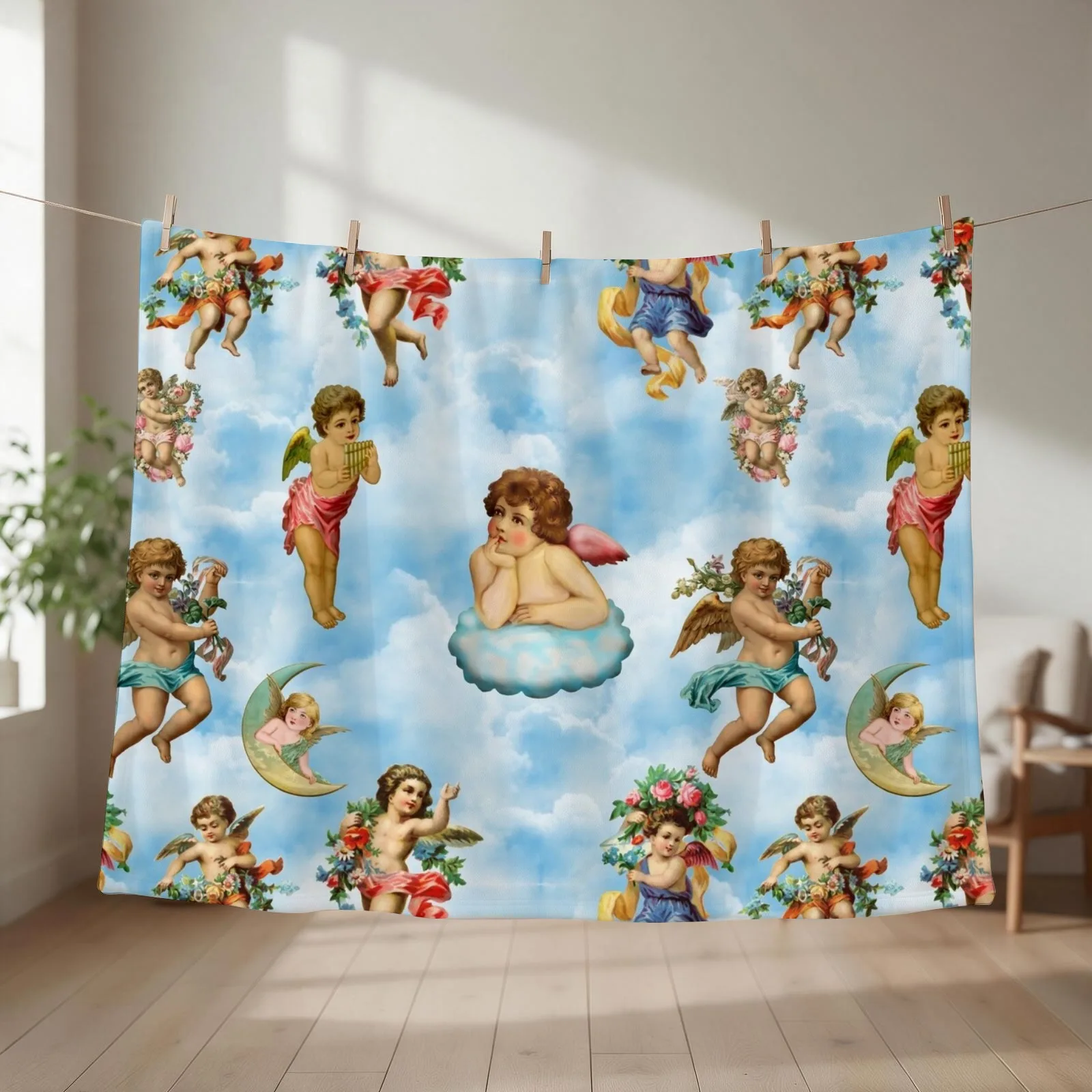 angel cherub clouds antique Throw Blanket couch cozy soft plush fuzzy picnic outdoor blanket