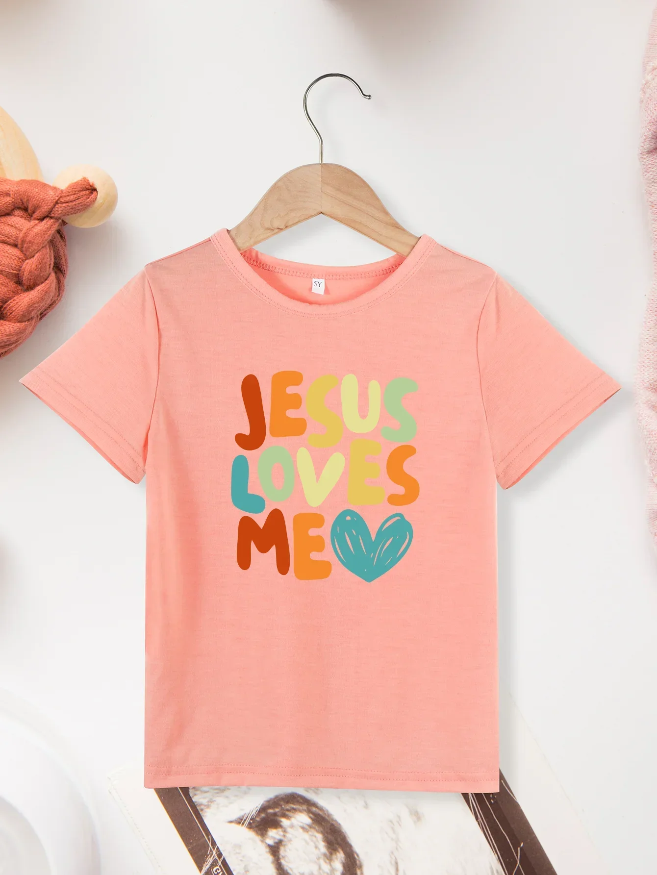 New 2026 Jesus Loves Me Print T-Shirt Soft round Neck Short Sleeve Colorful Cute Top for Girls And Boys