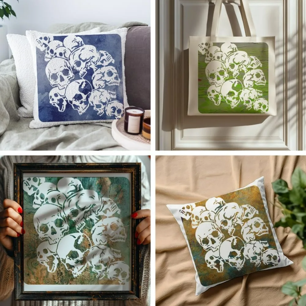 Skull Background Stencil Skull Stack Stencil 11.8×11.8inch with Paint Brush Reusable Horror Skull Template for Painting view 6