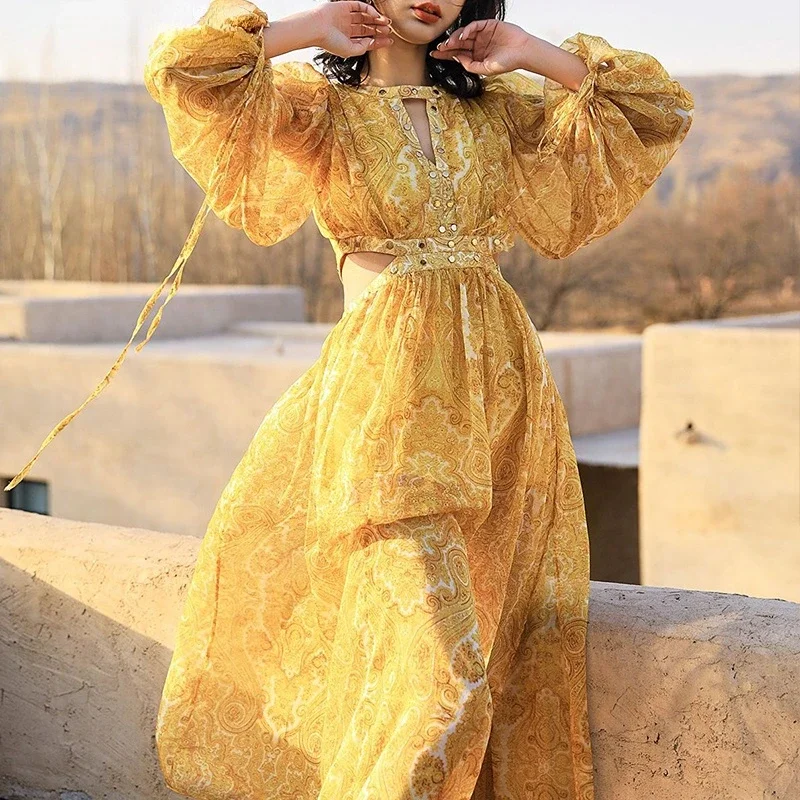 Boho Yellow SILK Dress Women Vintage Lantern Sleeve Maxi Dress Vestido Sexy Flora Printed Desert Woman's Clothing Luxury Design