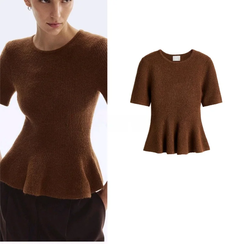 

Fall New Women's Ins Sle Slim Fit ort Sve round Ne Knitted Top Decorative Hemline Polyester Fiber Animal Pattern