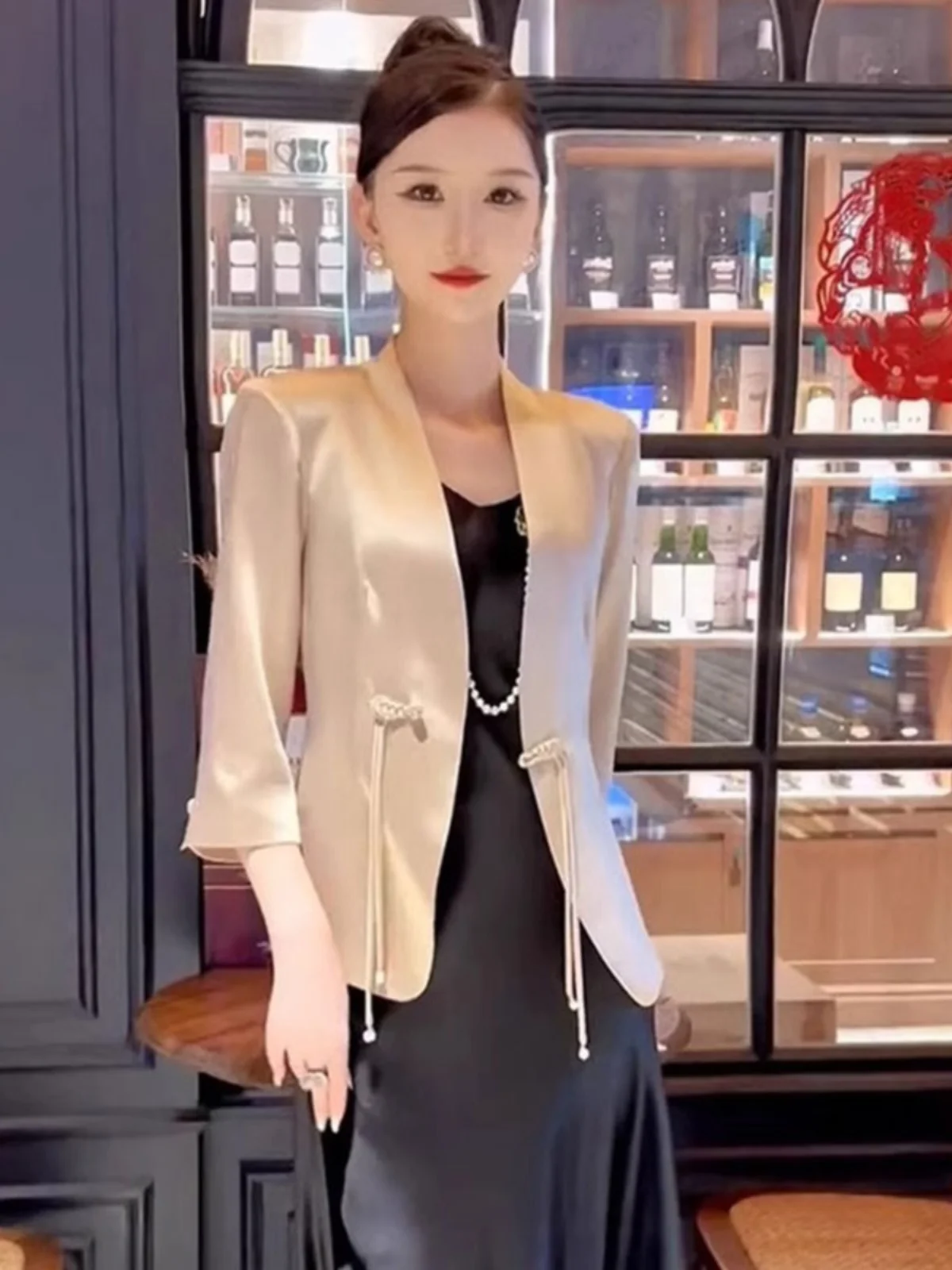 New Chinese Style Acetate Fashion Sleeveless Short Sleeve Suit Jacket Summer Match Strap Dress Outer Cardigan Coat Women's Cl...