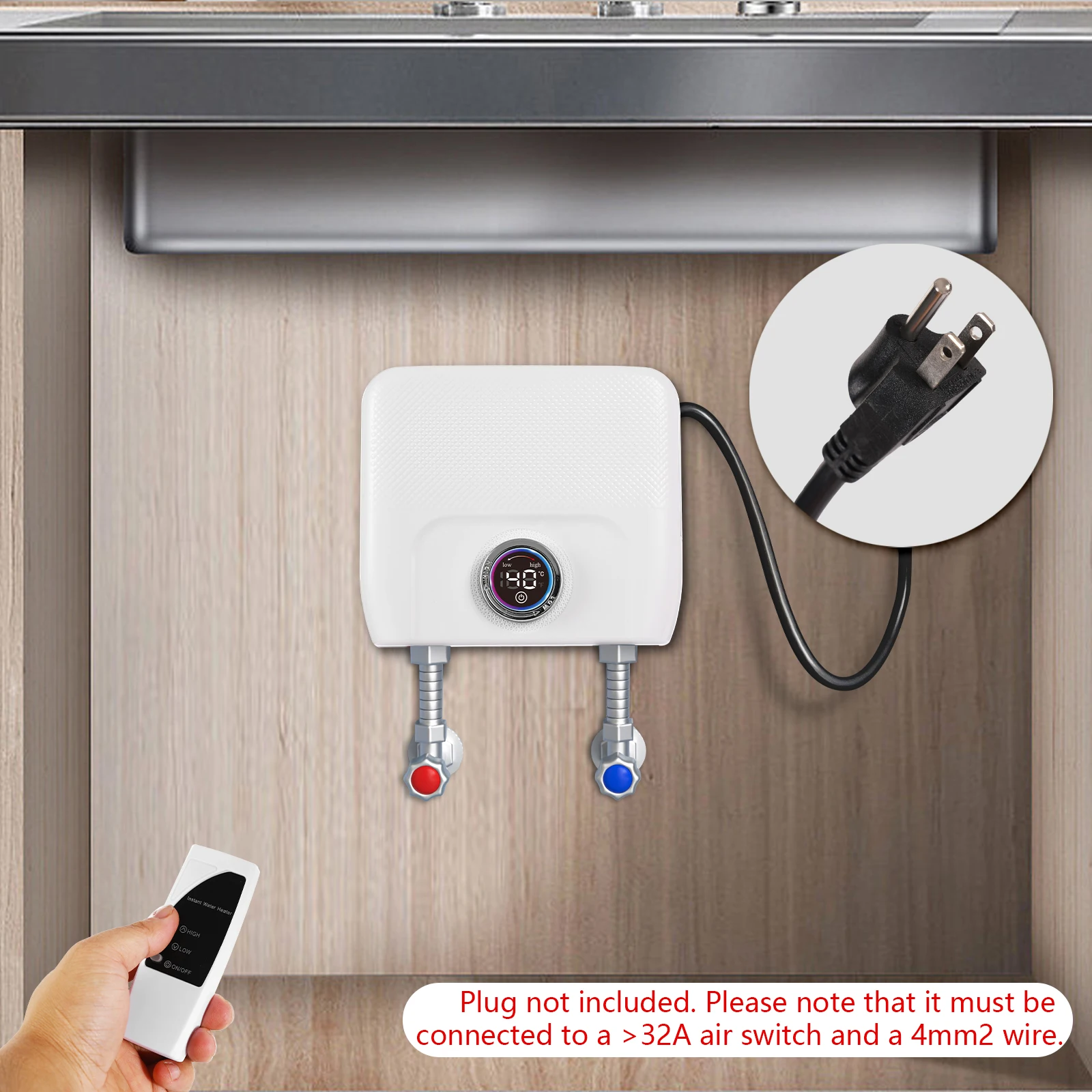 

Электрический проточный водонагреватель 3000 Вт с саморегулирующейся технологией, подключение G1/2, дистанционное управление, автоматическая защита, LED-дисплей