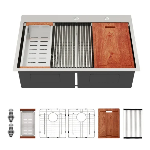 

ATVHeavy Duty Commercial 36x22 Inch Undermount Kitchen Sink Set, 304 Stainless Steel Double Bowl With Drainboard & Deep Basin