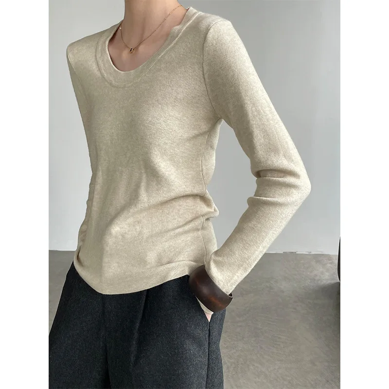 WHTREND U-الرقبة طوق التخسيس لينة محبوك قاعدة قميص للنساء أنيقة طويلة الأكمام تي شيرت علوي WH1773 #3