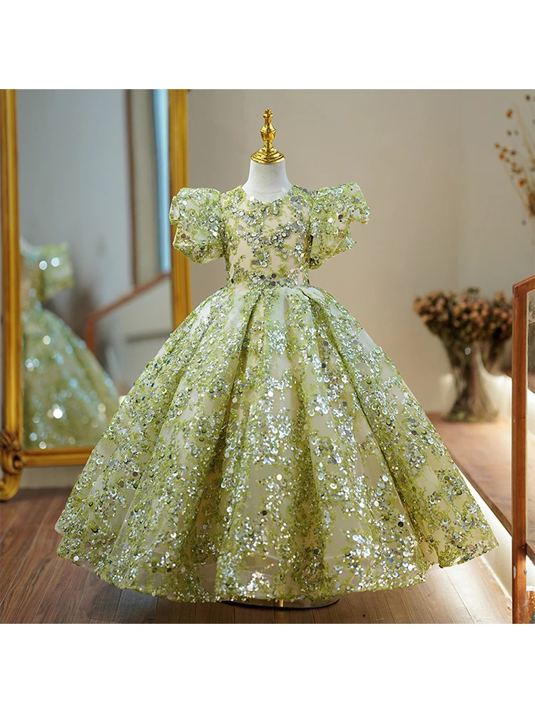 Mädchenkleid Sommer neue Pailletten Kinder Prinzessin Kleid langen Stil Host Walking Show Klavier Performance