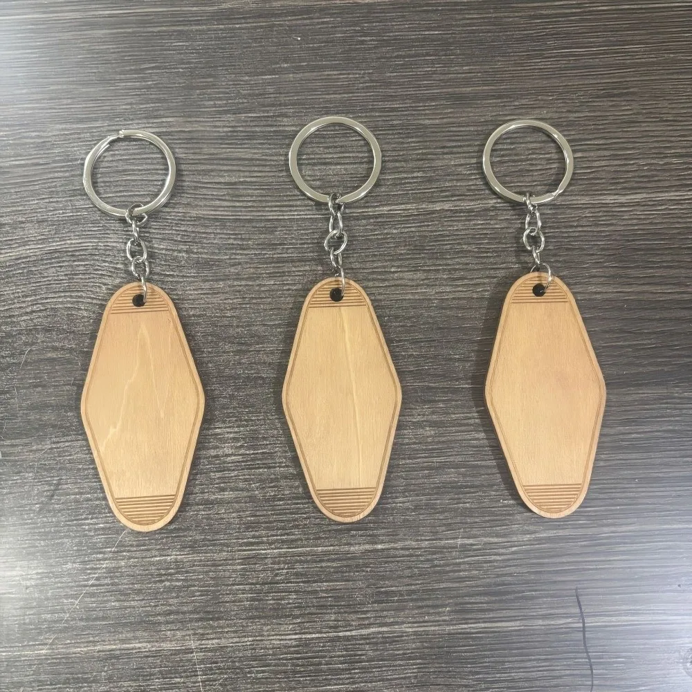 Beech Wood Keychain Blank Multi Tone Solid Timber Rectangular Wood Tag Antique Metal Ring Light Weight Carve Name Tag