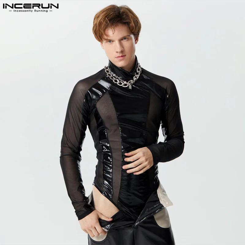 Incerun 2024 sexy Herren Homewear dünne Mesh gespleißt halbhohen Hals Design Overalls stilvolle Dreieck Langarm Bodys S-3XL