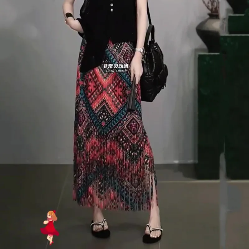 YFPF Vintage impression conception une ligne jupe pour femmes plissée mode gland Patchwork jupes longues casual 2025 nouveaux vêtements