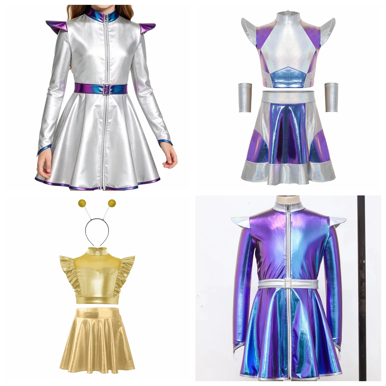 Girls Shiny Metallic Dresses Kids Performance Outer Space Robot Costume Alien Costume Halloween Galaxy Cosmic Fancy Dress