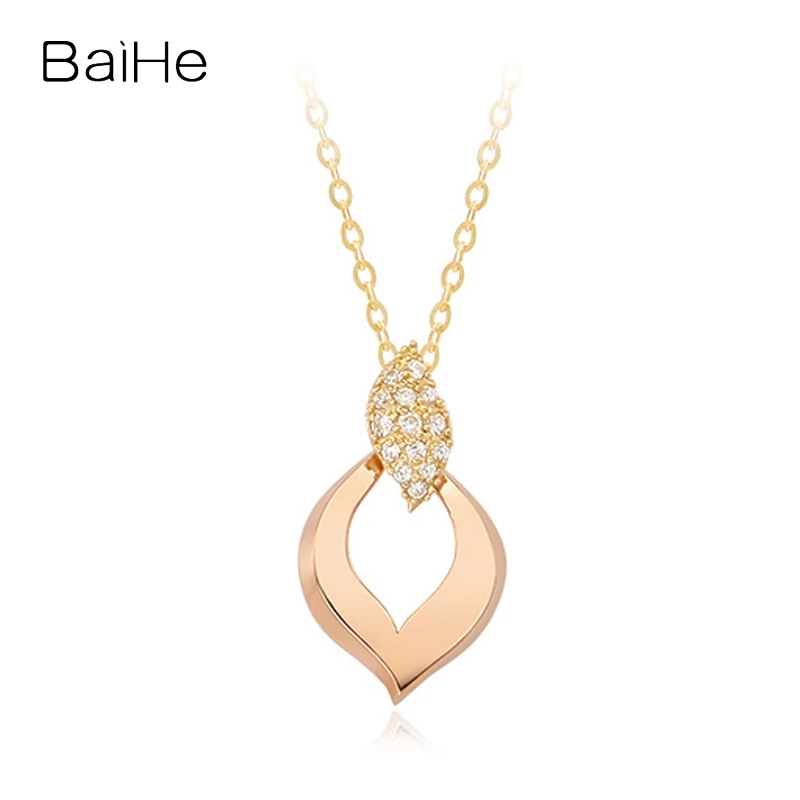 

BaiHe Solid 14K Yellow+Rose Gold H/SI Natural Diamonds Leaf Necklace for Women Trendy Engagement Wedding Fine Jewelry Collier