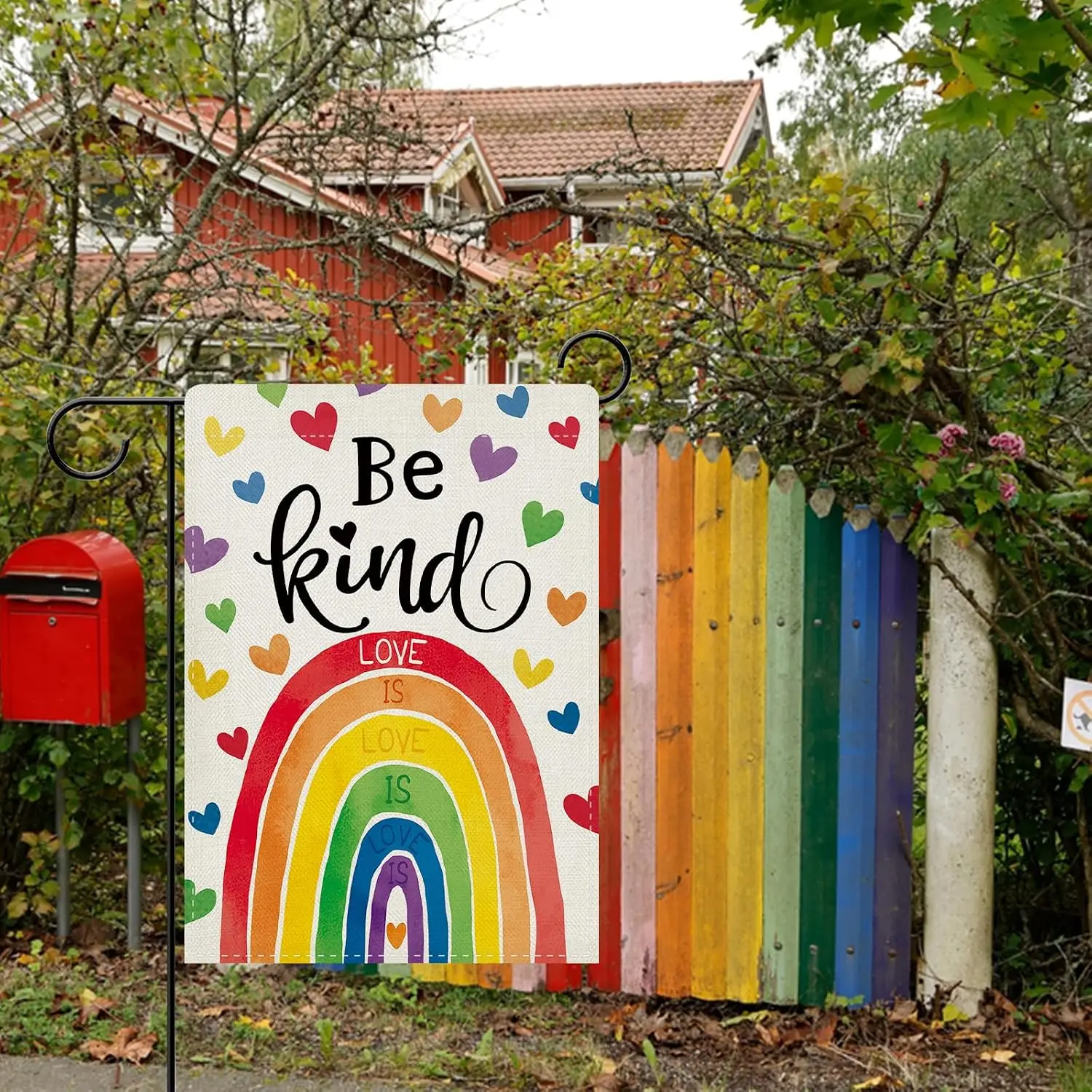 Dyrenson Pride Month Love is Love Rainbow Decorative Garden Flag, Be Kind Hearts LGBTQ Gay Lesbian Yard Outside Home Decorat MMZ