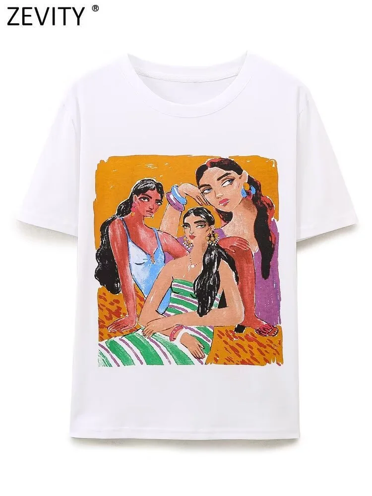 Zevity 2024 Women Fashion Wash Effect Girls Print Casual T Shirt Female O Neck Short Sleeve Leisure Y2K Chic Tops T7115