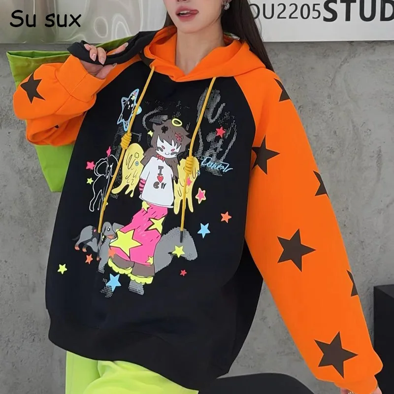 

Женские толстовки оверсайз с капюшоном и мультяшным принтом, весна-осень 2026, в японском и корейском стиле, пуловеры, верхняя одежда