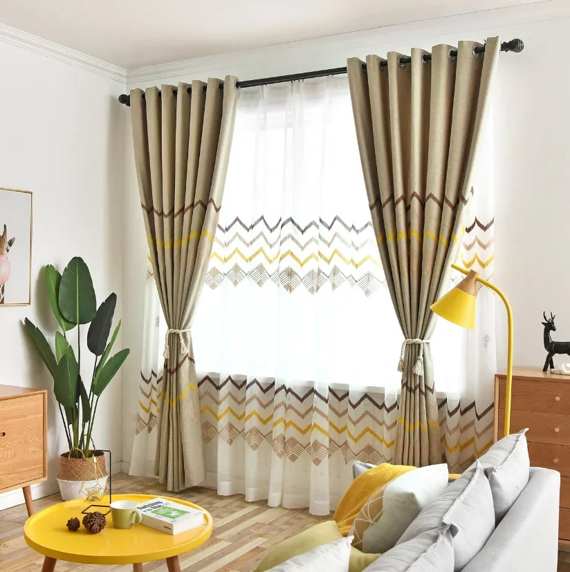 High-end Nordic style small fresh wave imitation linen embroidered curtain fabric living room bedroom study curtain