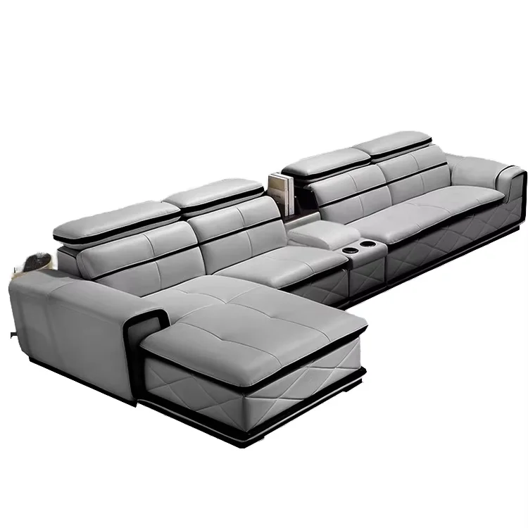 Italian-style Modern Multi-functional Intelligent Music Luxury Living Room Furniture L Type Leather Sofa Set with USB Interface