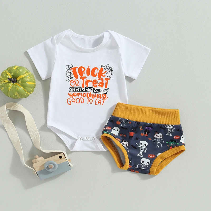 Infant Halloween Costume Set with Short Sleeve Romper and Shorts Baby Boys Girls Outfits with Letter Print Cute Halloween