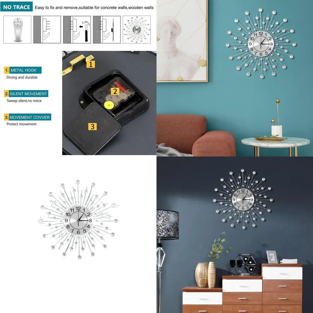 

Modern Metal Quartz Wall Clock - Silent, Large Crystal Dial for Home, Kitchen, Bedroom Decor