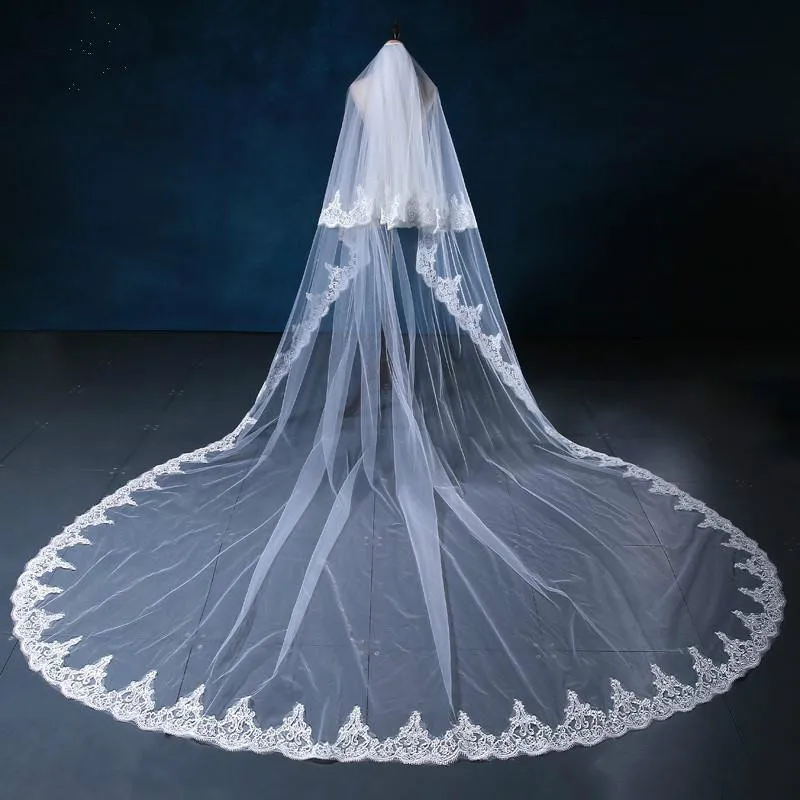 Branco e Marfim Catedral Comprimento Bridal Veil Lace Edge Acessórios Do Casamento com Pente Veu De Noiva longo