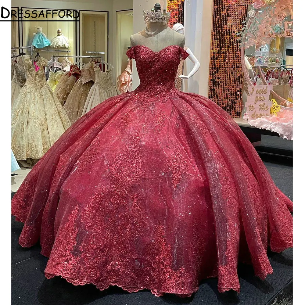 فستان أحمر مزين بالكريستال اللامع من الدانتيل Quinceanera فستان حفلة بدون الكتف مشد حلو 15 Vestidos De Quinceañera