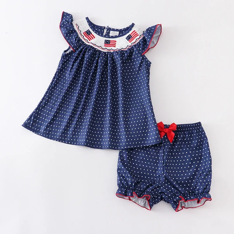 Girlymax 4e Van July Onafhankelijkheidsdag Usa Zomer Baby Girls Broer Of Zus Boetiek Kinderen Kleding Navy Dots Gesmokte Jurk Shorts Set