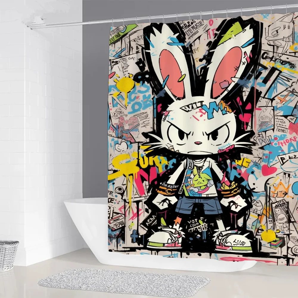 Graffiti Bunny Bathroom Curtain for Quarto Shower Curtains Folding Partition Accessories Bath Bedrooms Houses Rooms Waterproof