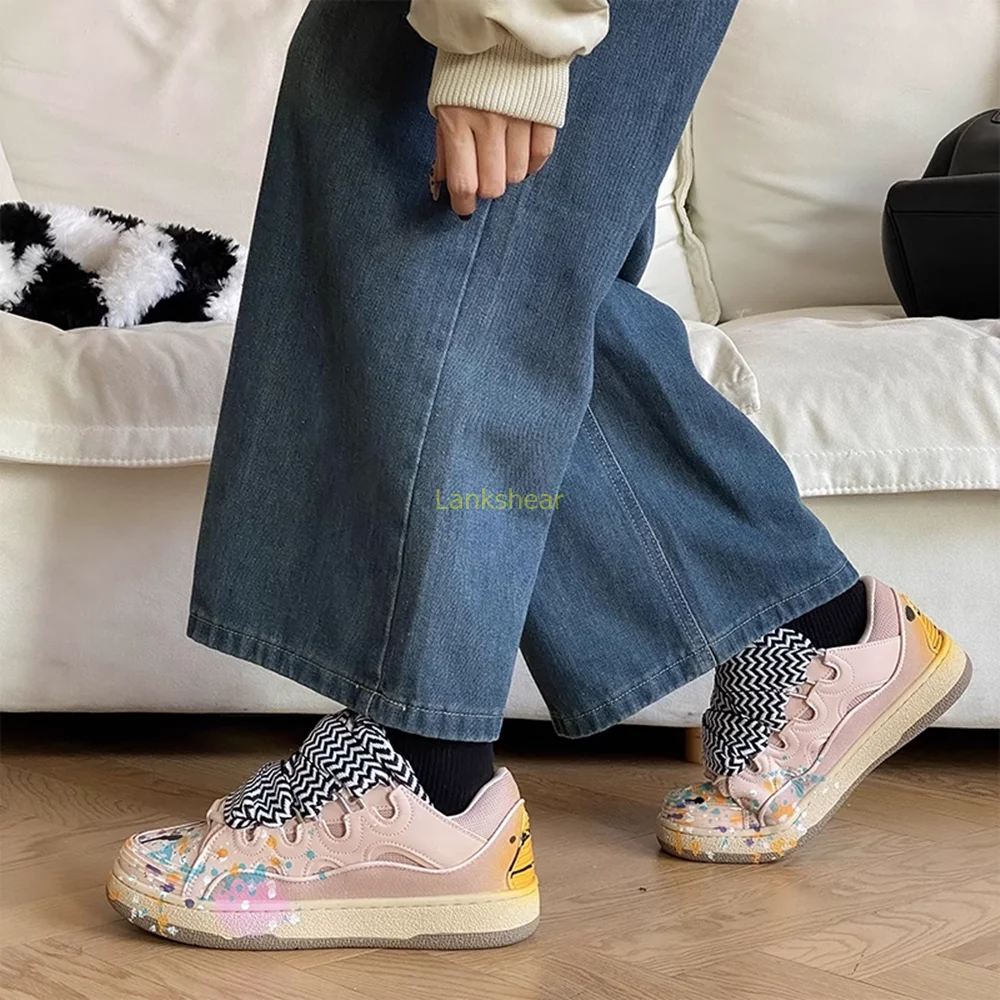 

Cross Lace Up Thic Heel Patchwork Sneakers Sexy Rouned Toe Mixed Colors New Arrivals Fashion Women Casual Shoes