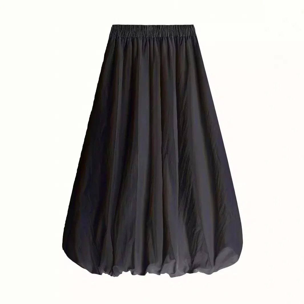 Summer Women's Midi Solid Color Casual Elastic Waist Pleated Balloon Maxi Skirt with Pocket Loose Fit A Line Long Skirt Black