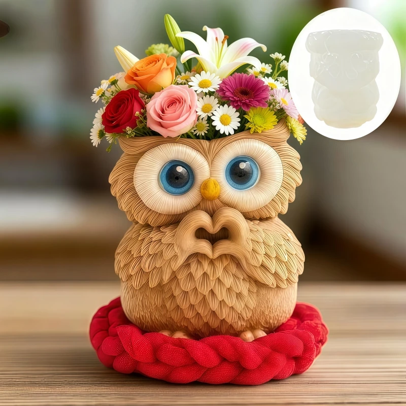Cute Owl Vase Resin Silicone Mold Smile Owl shaped Pen Holder Storage Box Concrete Mold Owl Succulent Plant Flower Gypsum Mold
