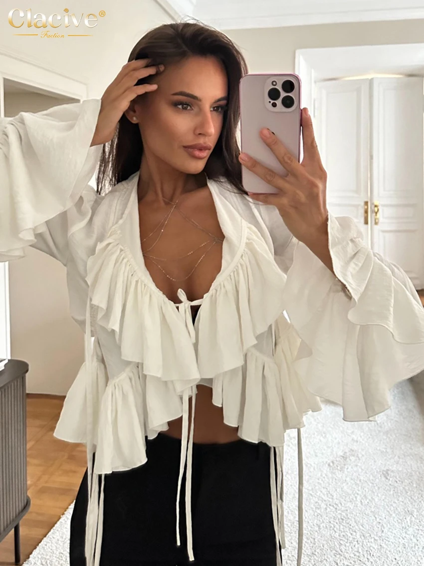 بلوزة نسائية بيضاء فضفاضة على الموضة من Clacive 2025 قميص مثير بياقة على شكل v وأكمام طويلة أنيق كلاسيكي مكشكش ملابس علوية متينة ملابس نسائية