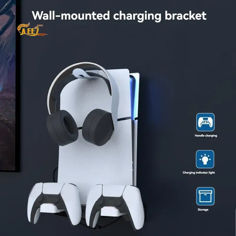 

AEE7-For PS5 Wall Mount Charging Station With Headset Holder, Wall Charger Stand For PS5 & PS5 Slim, Disc & Digital