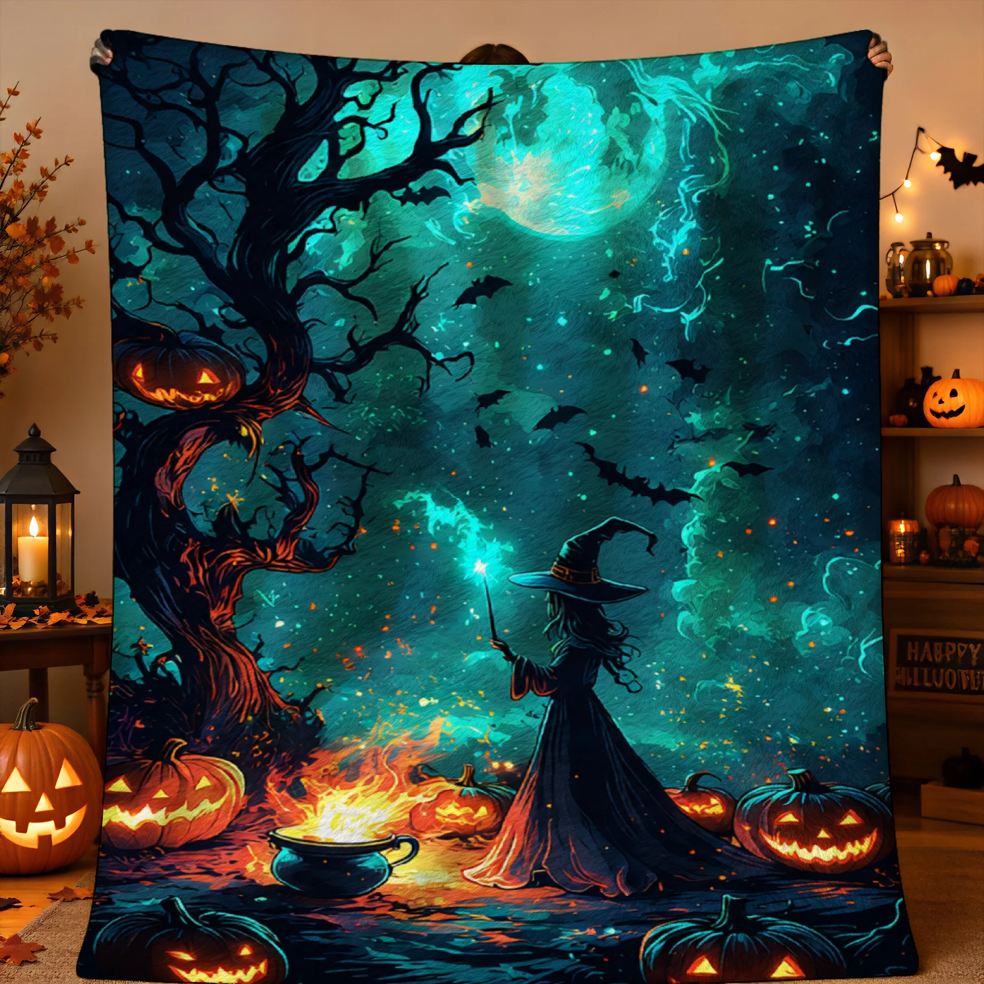 1pc 2d Printed Witch Casting Spell Under Moonlit Tree with Glowing Pumpkins And Bats Flying In Mystical Night Sky Halloween Blan