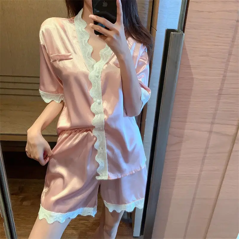

Sexy Ice Silk Short Sets for Women 2 Pieces Novelties Casual Lace Splicing Woman Shorts Korean Style New Coordinated Stylish Kit