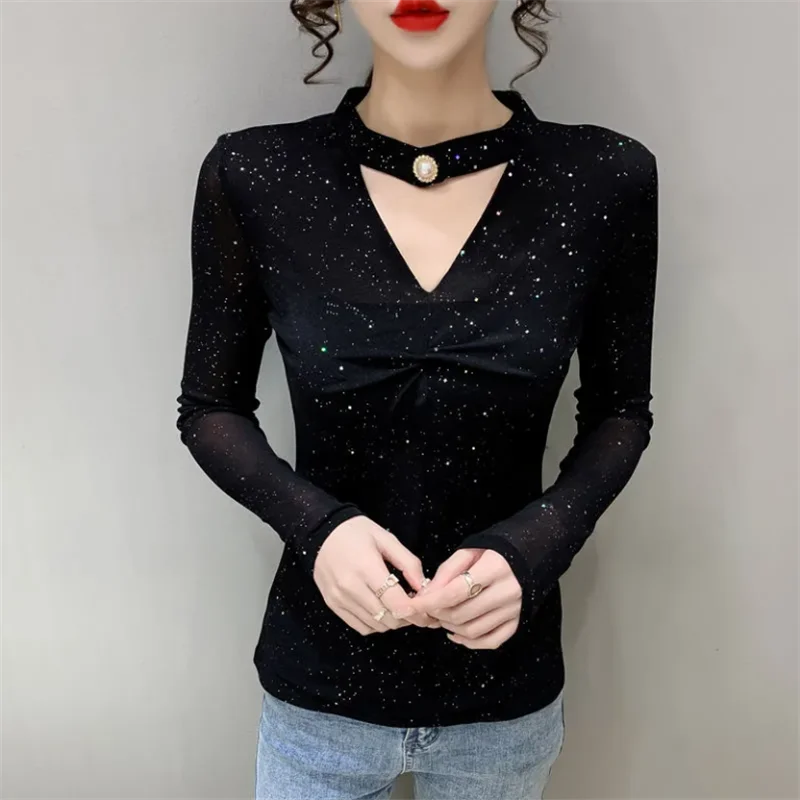 Mesh Women's Tshirt High-end Base Top V-neck Long Sleeved Bib T-shirt Casual Woman Clothes Tshirts Black Blous Shiny Female Tees