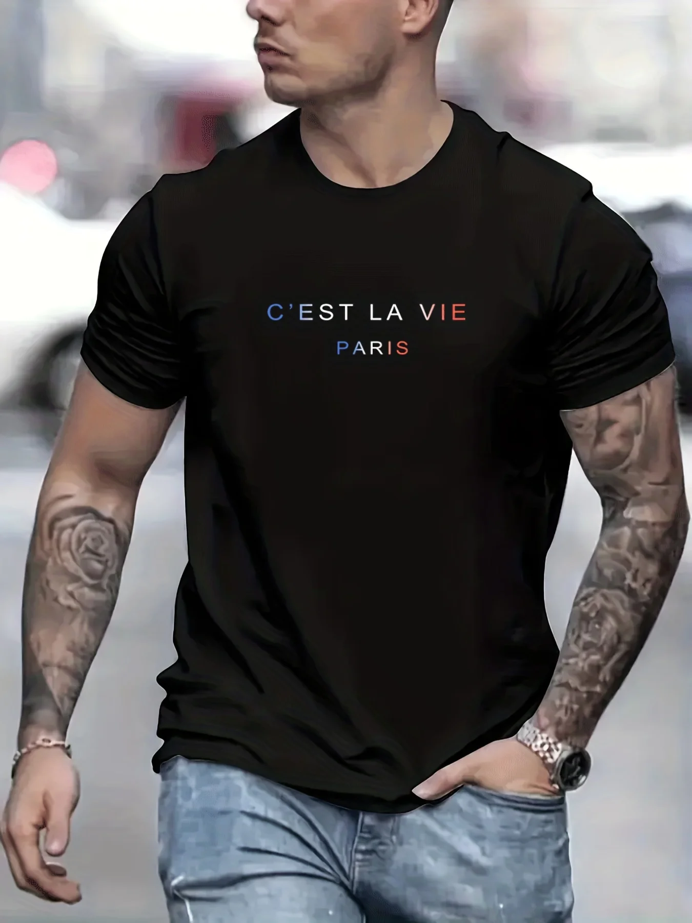 تي شيرت صيفي فضفاض للرجال 100 بوليستر كست La Vie PrintT-shirt Tops